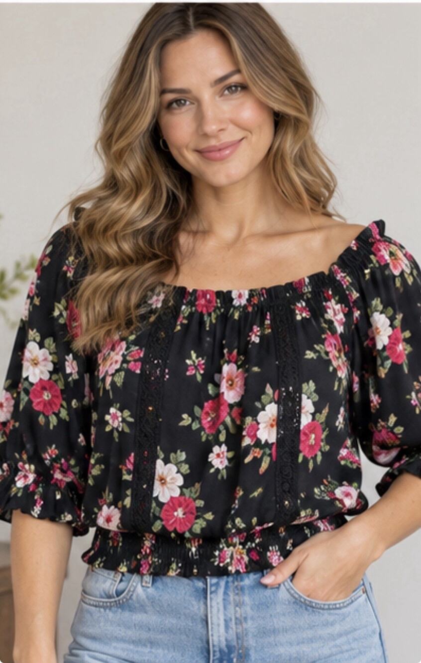 Haute Project Los Angeles Womenβs L Black Floral Boho Blouse Lace Trim Ruffle